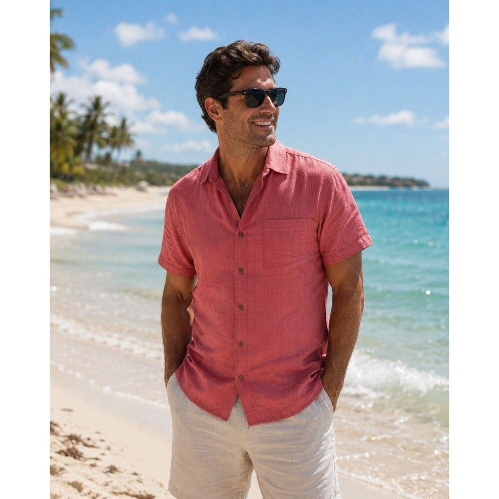 Covington Shirt Mens Large Light Pink Short Sleeve Button Up Rayon Casual Beach